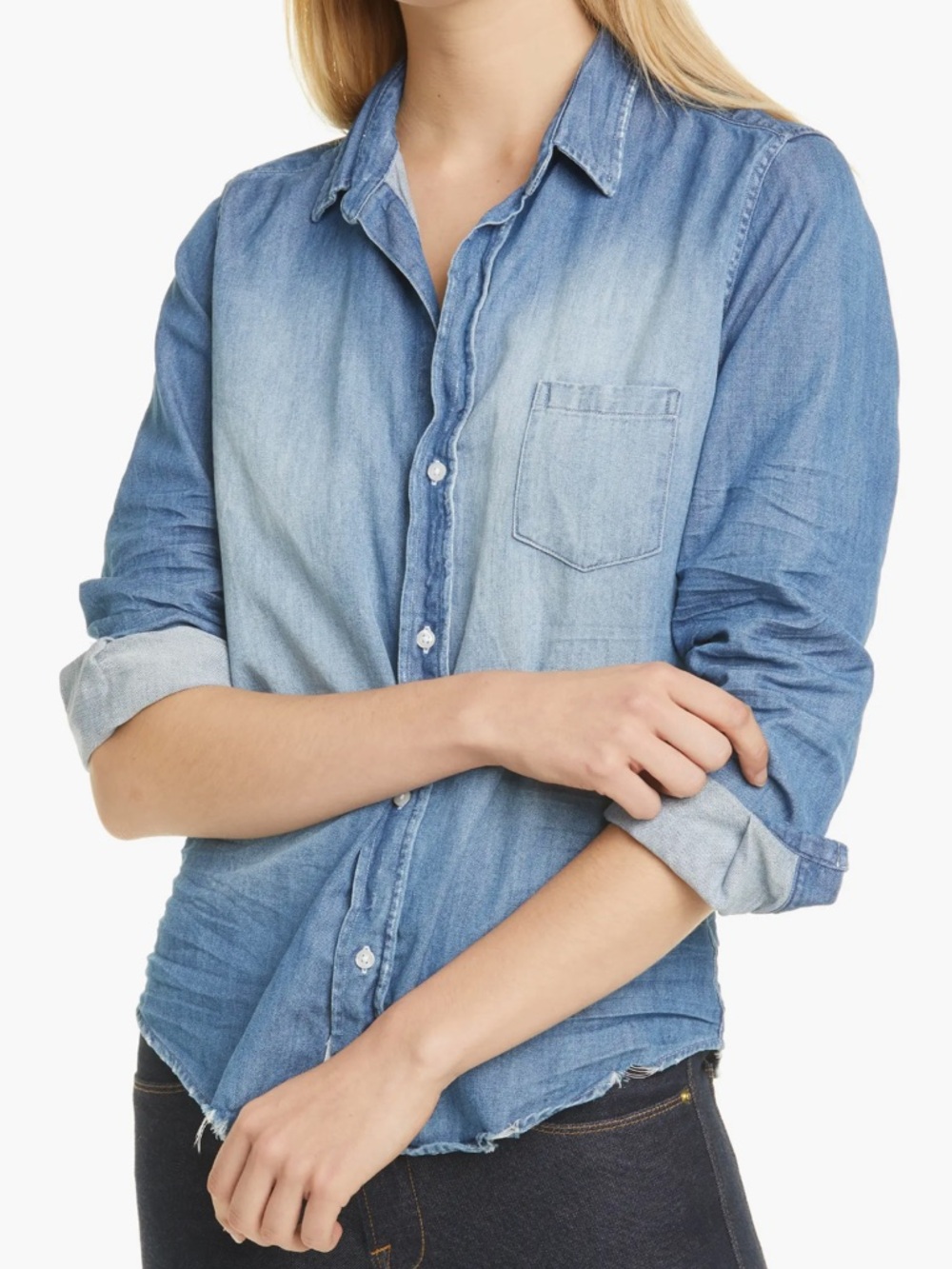 Frank & Eileen Barry Denim Button Up Shirt Distressed Blue XS Cotton